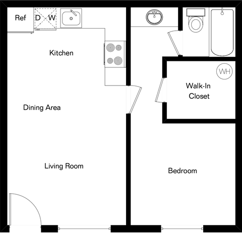 Floor plan for 1 bed, 1 bath, 475 sqft